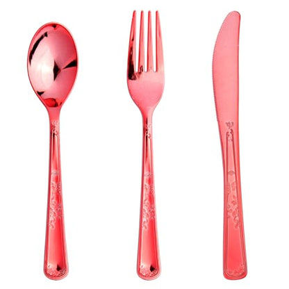 180 Pack Disposable Rose Red Plastic Silverware Contain 60 Forks,60 Spoons,60 Knives, Solid and Durable Plastic Cutlery Utensils Set Perfect for Parties,weddings. - color: Rose