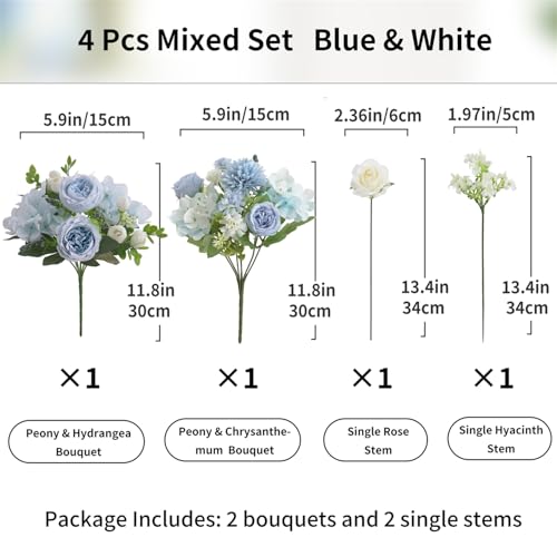 4 Pcs Mixed Artificial Peony Flowers Set-2 Bouquets & 2 Stems, Blue Fake Peony Rose Hydrangea Flowers for Vase Silk Floral Arrangements for Table Centerpiece Wedding Party Bridal Decoration Home Decor - color: Blue, size: Mixed 4pcs