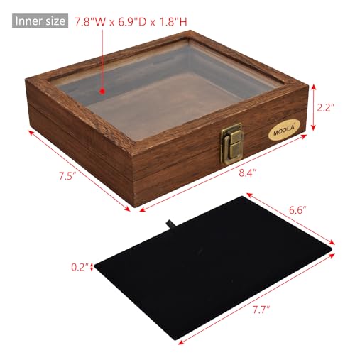 MOOCA Tempered-Glass Top 2 pieces Set Small Wooden Jewelry Display Case with Removable Black Luxurious Velvet Jewelry Display Pad, Deeper 2.2" Design for Collectibles, Brown Color. - color: Brown With Velvet Pad, 2 pieces