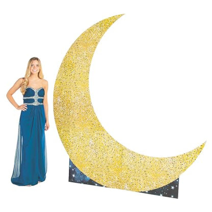Fun Express Large Crescent Moon Standup Decoration - 7ft Starry Night Backdrop for Prom, Homecoming & Under The Stars Party | Photo Booth Prop with Glittering Design | Professional Cardboard Cutout