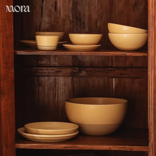 MORA Medium Plates Set of 4, 8.5 inch Ceramic Pottery Salad Plates - Microwave, Oven and Dishwasher Safe - Merrigold - color: Merrigold