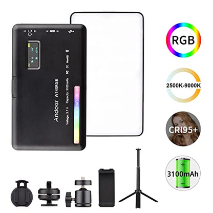Andoer W140 RGB LED Video Light Kit Pocket Video Conference Lighting CRI95+ 2500K-9000K Dimmable 20 Lighting Effects with Desktop Tripod Ballhead Phone Holder Computer Clip Cold Shoe Adapter