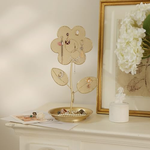 NIKKY HOME Floral Shape Earring Holder Hanging Organizer Stand Metal Jewelry Tree Table Top Ear Stud Holder Tower Rack with Ring Tray for Girls, Gold