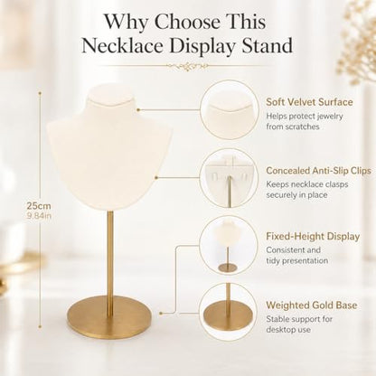 Necklace Display Stand For Selling Velvet Chain Jewelry Bust Holder Organizer With Stainless Steel Stand Jewelry Display - color: Beige-White-9.84in