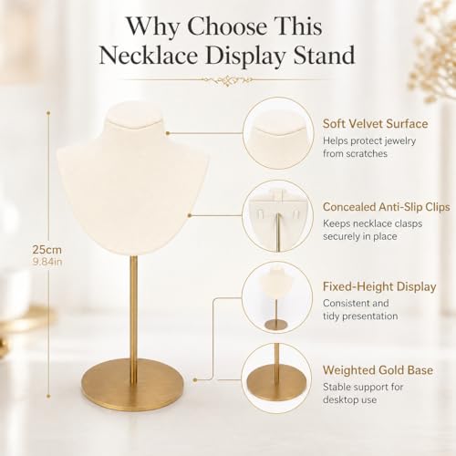 Necklace Display Stand For Selling Velvet Chain Jewelry Bust Holder Organizer With Stainless Steel Stand Jewelry Display - color: Beige-White-9.84in