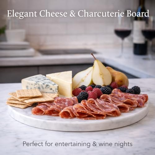 11-Inch Round Marble Cheese Board – Solid White Natural Stone Cutting Board & Charcuterie Serving Tray with Non-Slip Feet, 0.5” Thick, Easy to Clean. - color: White, size: 11"L x 11"W