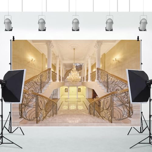 Leowefowa 5x3ft Castle Backdrop Luxurious Golden Palace Elegant Stair Droplight White Pillar Marble Floor Interior Wedding Vinyl Photography Background Kids Adults Photo Studio Props - size: 5x3ft