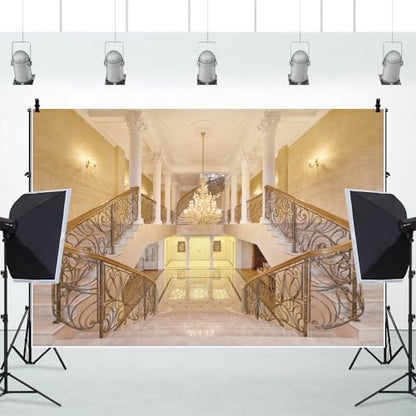Leowefowa 8x6ft Castle Backdrop Luxurious Golden Palace Elegant Stair Droplight White Pillar Marble Floor Interior Wedding Vinyl Photography Background Kids Adults Photo Studio Props - size: 8x6ft