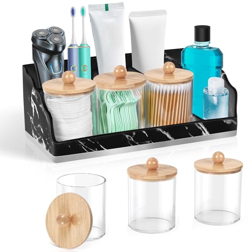 TuCao Marble Bathroom Countertop Organizer, Toothbrush Holders for Bathroom with 3PCS Qtip Holder Dispenser and Toothpaste Holder Drainage for Bathroom Accessories Organization Counter Vanity Storage - color: Marble Black, size: 3 Cups