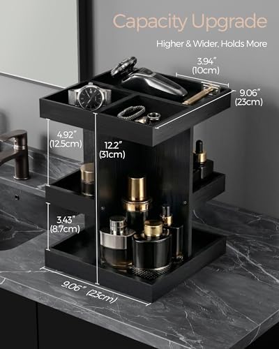 ProCase 3-Tier 360° Rotating Cologne Organizer for men, Large Capacity Wooden Countertop Display Rack for Bathroom & Dresser, Space-Saving Vanity Tray for Perfume & Skincare, Gifts for Him (Black) - color: Black