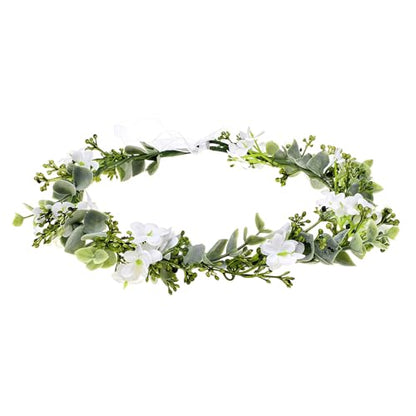 UPSTORE Bohemian Bridal Flower Crown Eucalyptus Leaf Headband with Ribbon Boho Floral Headpices Hair Accessories for Women Girls Wedding Festival Birthday Photo Prop