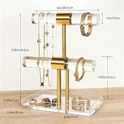 Acrylic Jewelry Display Stand 2 Tier Clear Bracelet Holder Necklace Stand Gold Metal T Bar Tower Organizer With Bottom Tray for Rings Make-up Case