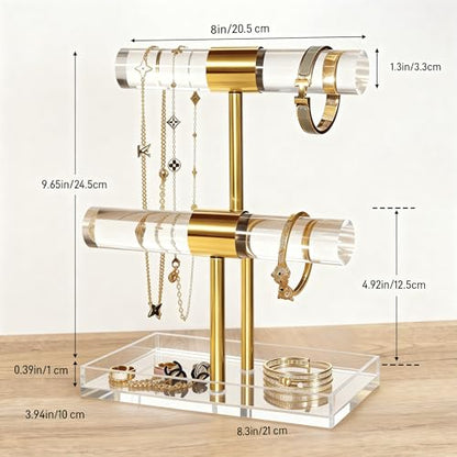 Acrylic Jewelry Display Stand 2 Tier Clear Bracelet Holder Necklace Stand Gold Metal T Bar Tower Organizer With Bottom Tray for Rings Make-up Case