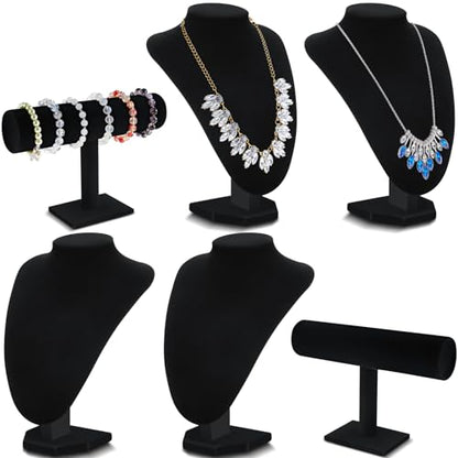 Huquary 6 Pcs Velvet Jewelry Display Set Necklace Display Stand T Bar Bracelet Holder Jewelry Bust for Home Store Trade Show (Black) - color: Black