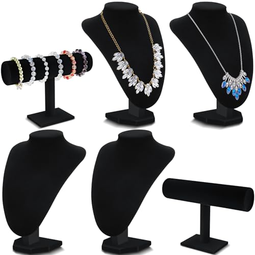 Huquary 6 Pcs Velvet Jewelry Display Set Necklace Display Stand T Bar Bracelet Holder Jewelry Bust for Home Store Trade Show (Black) - color: Black