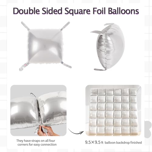 36pcs Pearl White Square Foil Balloons Backdrop Kit - 9.5ft White Elegant Balloon Wall/Tunnel for Birthday, Wedding, Baby Shower, 2026 Graduation Photo Booth (Straws & Ribbon Included) - color: White