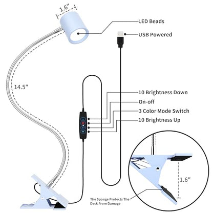 Dott Arts Desk Lamp,USB Clip On Light with 3 Color Modes,LED 10 Levels Brightness Reading Lamp, 360°Gooseneck Book Light,Eye-Care Reading Light for Home Office,Headboards Blue - color: Blue
