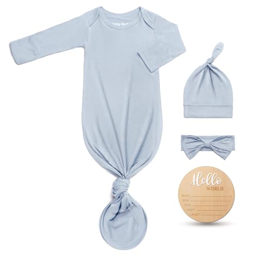 Hello World Newborn Outfit Knotted Gown 0-3 Months, Baby Girl Boy Coming Home Sleeper with Sign - color: Light Blue, size: Newborn