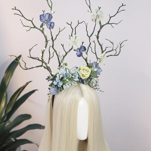 MOSTORY Woodland Deer Antler Headband - Fairy Costume for Woman Branch Crown for Renaissance Halloween Renfaire Cosplay - color: Blue