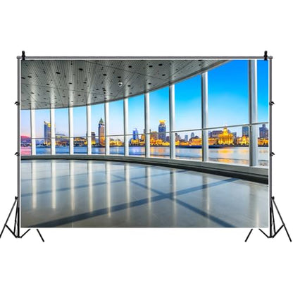 9x6ft Business Office Window Backdrop French Window City Skyline View Buildings Photography Background Work at Home Interior Decor Adult Man Woman Portrait Photo Studio Props Wallpaper - size: 9x6ft