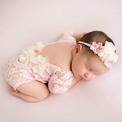 Newborn Lace Romper, 2 PCS Baby Girl Photography Props, Newborn Girl Photography Outfits with Flower Headband for Infants - color: Pink