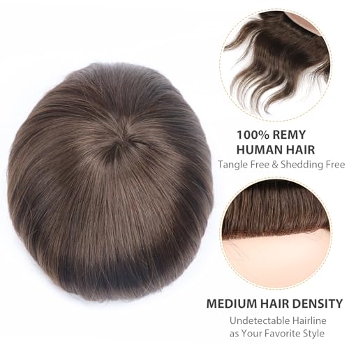 Toupee for Men Mono Lace Base European Human Hair 8x10 Hair System for Men Hair Prosthesis Replacement Unit Durable Mens Hair Piece #4Dark Brown Minimal Shedding Mens Toupee Real Hair - color: 4# brown - Mono NPU, size: 8x10 Inch
