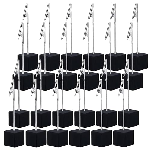 24PCS Wooden Cube Memo Holders with Alligator Clips Table Number Stands, Base Memo Clip Holder Photo and Card Display Clips for Wedding, Event, Office Desk Use (Black) - color: Black