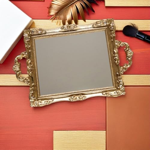 Golden Nordic Style Retro Carved Mirror Tray, Resin Storage Craft Decorative Plate for Wedding Dessert Table and Room Ornament, Vintage Makeup and Photo Prop Tray