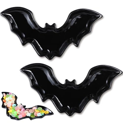 Teenyyou 2 Pcs Ceramic Halloween Plates Black Bat Serving Tray Halloween Bat Desk Dessert Display Platters Trick or Treat Decorations for Indoor Outdoor Home Birthday Party Gift Supplies