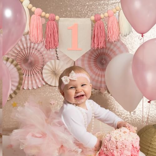 Boho Pink Handmade 1st Birthday High Chair Banner for Baby Girls Wall Hangings Wood Bead Tassel Garland First Birthday Party Decorations Photoshoot Props - color: pink