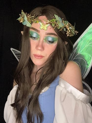 MOSTORY Handmade Fairy Butterfly Crown - Elf Flower Hadpiece Elven Headband for Women s Spring Wedding Maternity Shoot - color: Green-gold