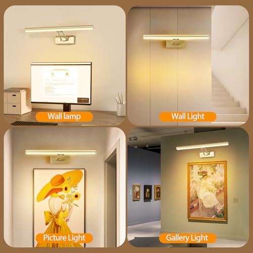 Picture Light, 16inches Wall Art Lamp Battery Operated,3 Colors Wireless Painting Light with Remote,Rechargeable Lighting for Frame,Photos,Gallery,Artwork,Portrait （Gold - color: Gold-painting
