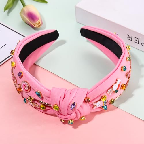 NVENF Easter Headband for Women Beaded Easter Rabbit Bunny Headband White Pink Crystal Pearl Knotted Hairband Happy Easter Hair Accessories Spring Holiday Headwear Outfits Gifts (Easter A) - color: Easter A