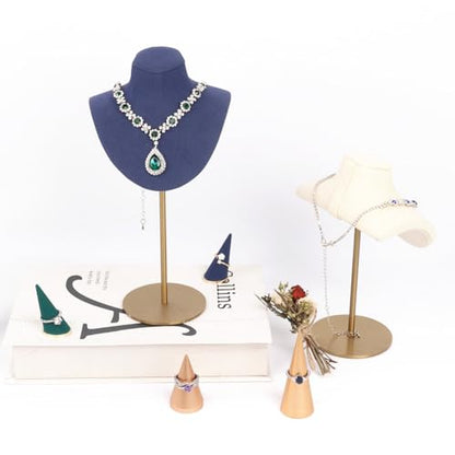 Necklace Display Stand For Selling Velvet Chain Jewelry Bust Holder Organizer With Stainless Steel Stand Jewelry Display - color: Navy-Blue-7.08in