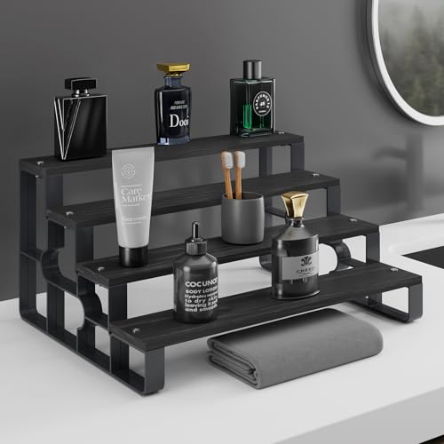 GRELY Waterproof Wooden Perfume Organizer for Men, 4 Tier 11.2 Inch Cologne Stand with ABS Frame, Anti-Slip for Dresser Bathroom Space-Saving(Black, 4 Tier 11.2") - size: 4 Tier 11.2"