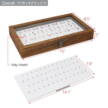 MOOCA Temper Glass Top Jewelry Display Case with Tempered Glass Lid and 54 Clip Body Jewelry Display Pad for Belly Button Rings, Tongue Rings, and Industrial Barbell Organizer, Brown Tray-White Pad - color: White Pad with Brown Wood Case