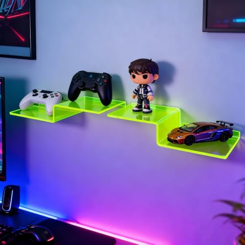SetGame 2-Pack Acrylic Shelves Z-Shaped Display Stand Wall Mounted, 12 Inch Wall Storage Organizer for Toys, Books, Plants, Photos Album, Suit for Office, Living Room, Room Decor (Neon Green) - color: Neon Green