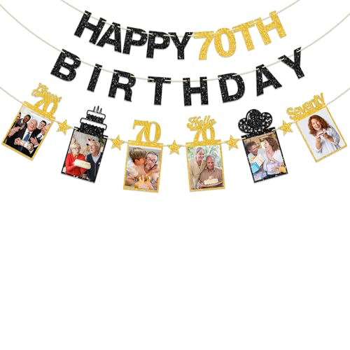 Guiruiy Black Gold 70th Birthday Decorations for Men Women, Pre-strung Glitter Happy 70th Birthday Hanging Photo Banner Party Supplies, Cheers to 70 Years Old Bday Banners - style: Black Gold 70th