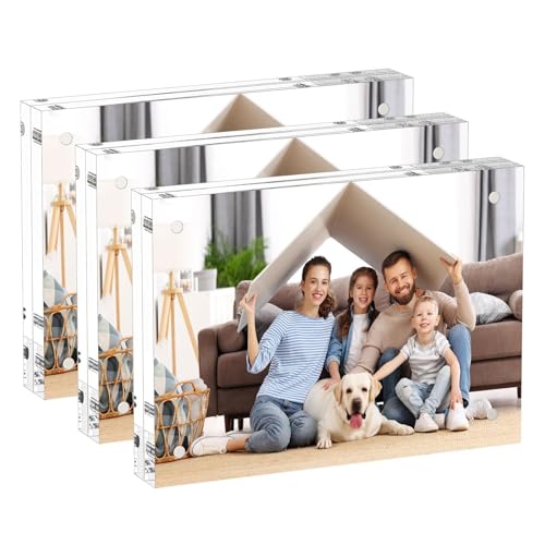 AITEE 5x7 Acrylic Picture Frames 3 Pack, 20% Thicker Block, Clear Picture Frames Freestanding Double Sided Magnetic Acrylic Lucite Frameless Transparent Square Frame Gift for Desktop Display - size: 5x7