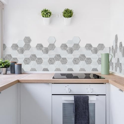 Thickened Hexagon Peel and Stick Tile Backsplash, New Upgrade Mixed Grey Waterproof Stick on Backsplash, Self-Adhesive Marble Tiles for Kitchen,Bathroom and Bedroom，10-Sheet. - color: Mixed Grey