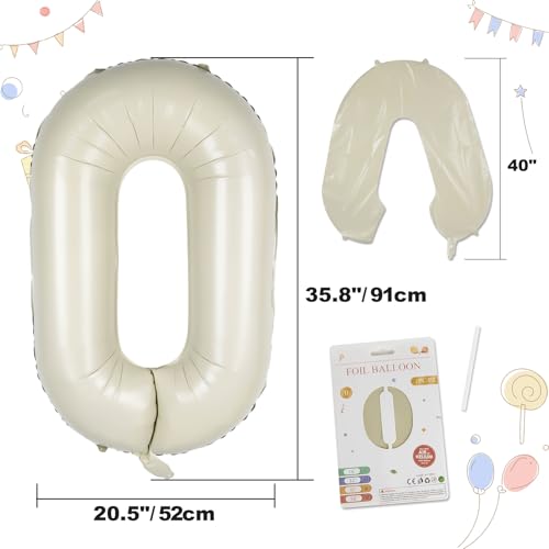 CARGEN 40 Inch Creamy White Number 0 Balloon, Large Beige Foil Mylar Digital 0-9 for Birthday Decorations, Boho Neutral Party Supplies, Wedding Anniversary Photo Props, Helium or Air Fill - style: Number 0