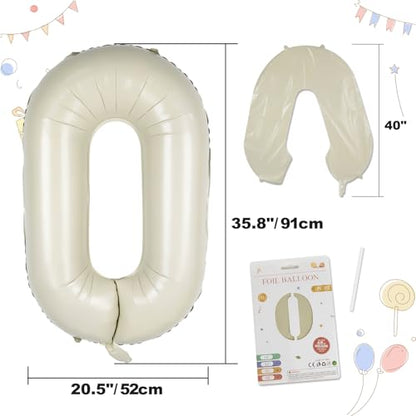 CARGEN 40 Inch Creamy White Number 0 Balloon, Large Beige Foil Mylar Digital 0-9 for Birthday Decorations, Boho Neutral Party Supplies, Wedding Anniversary Photo Props, Helium or Air Fill - style: Number 0
