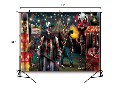 7x5 FT Halloween Evil Circus Clown Theme Backdrop Haunted House Horror Scary Evil Circus Clown Creepy Carnival Birthday Party Decorations Photography Background Banner Studio Props, Clear - size: 7x5 FT