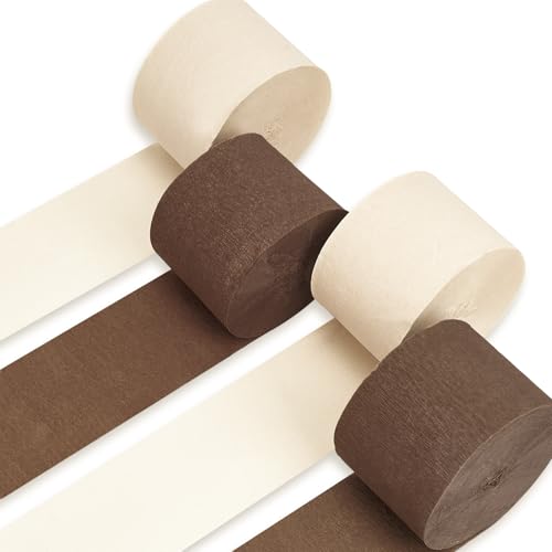 PartyWoo Brown Crepe Paper Streamers 4pcs 328ft Pack of Boho Neutral Sand White Crepe Paper Streamers for Birthday Baby Shower Wedding Graduation Anniversary Woodland Jungle Theme Party Decorations - color: Brown-9632