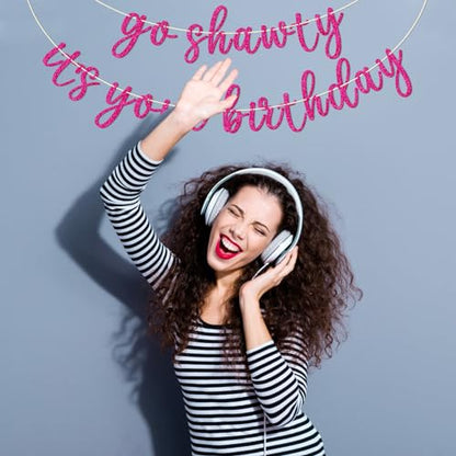 Go Shawty It's Your Birthday Banner, Hip Hop Birthday Party Decorations Supplies, Rap Theme Bday Bunting Sign, Pre-strung, Photo Props (Pink) - color: Pink