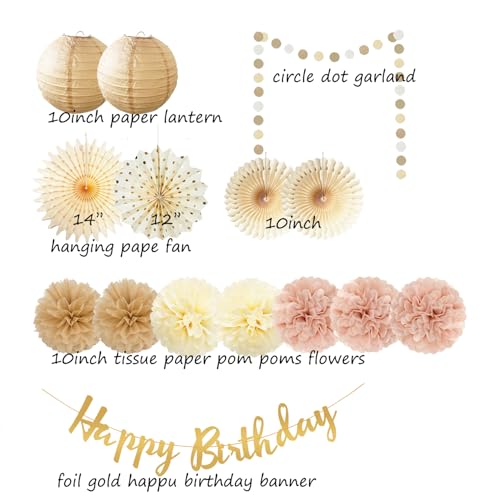 Champagne Gold Beige Birthday Decorations for Women Girls, Dusty Pink Party Decorations Cream Tissue Pom Poms Fans, Paper Lanterns, Anniversary Baby Shower Fall Boho Birthday Party Decoration