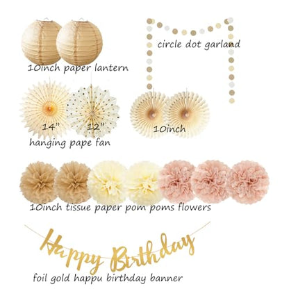 Champagne Gold Beige Birthday Decorations for Women Girls, Dusty Pink Party Decorations Cream Tissue Pom Poms Fans, Paper Lanterns, Anniversary Baby Shower Fall Boho Birthday Party Decoration