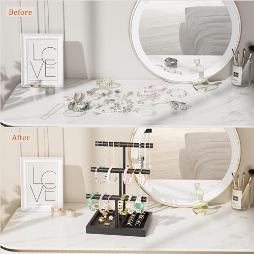SZQINJI Bracelet Holder Display Organizer Stand, Necklace Holder Jewelry Holder Stand, Solid Wood Base with 3 Tier Metal T-bar for Bracelet Necklace Scrunchie Wristband Bangle Watch Ring, Black - size: 3 Tier