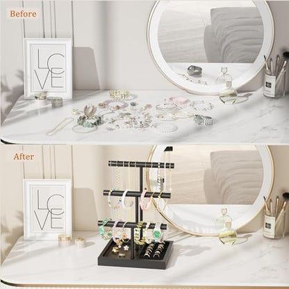 SZQINJI Bracelet Holder Display Organizer Stand, Necklace Holder Jewelry Holder Stand, Solid Wood Base with 3 Tier Metal T-bar for Bracelet Necklace Scrunchie Wristband Bangle Watch Ring, Black - size: 3 Tier