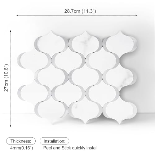 10 Sheet Arabesque Peel and Stick Backsplash Tile, Stick on Backsplash for Kitchen and Bathroom Wall, Marble White Look PVC Mixed Metal Aluminum - color: Marble White Mixed Metal Silver